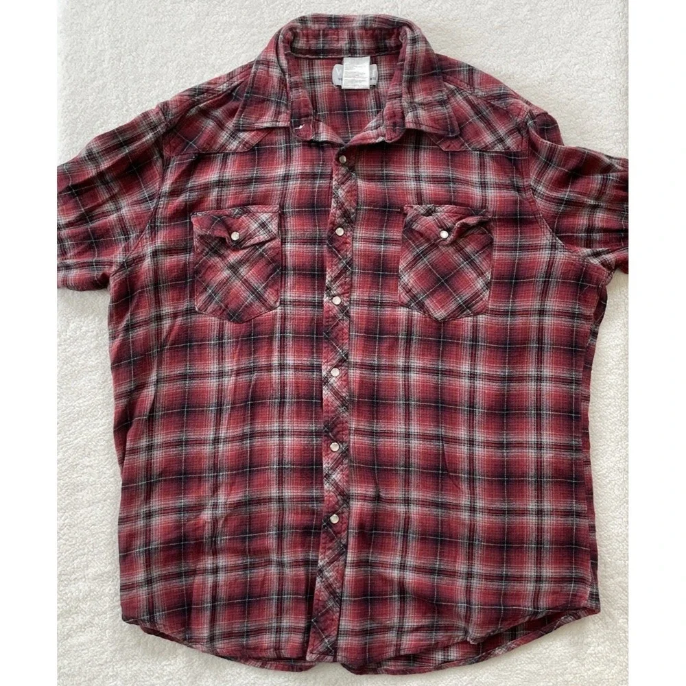 90s Vintage Wrangler Wrancher Mens XL Shirt Red Plaid Flannel Western Pearl Snap
